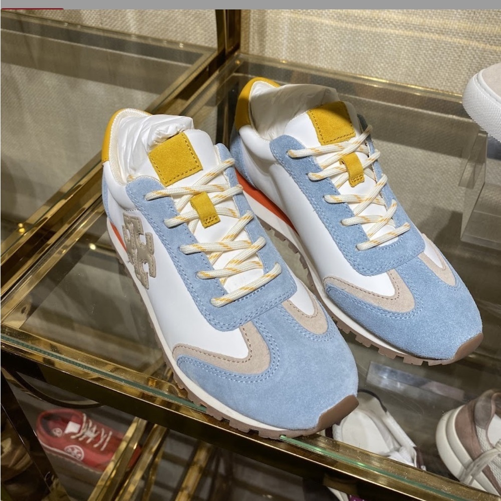 Tory Burch White Light Blue and Mustard Suede Trim Athletic Sneakers - Picture 5 of 9